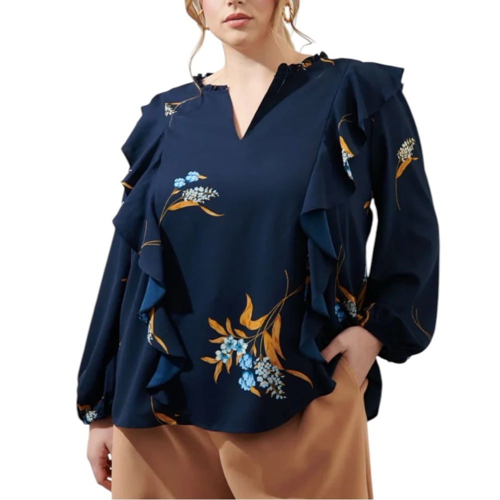 Sugarlips Dusk Bloom Floral Wilhem Ruffle Blouse size 3X Long Sleeve NWT Navy